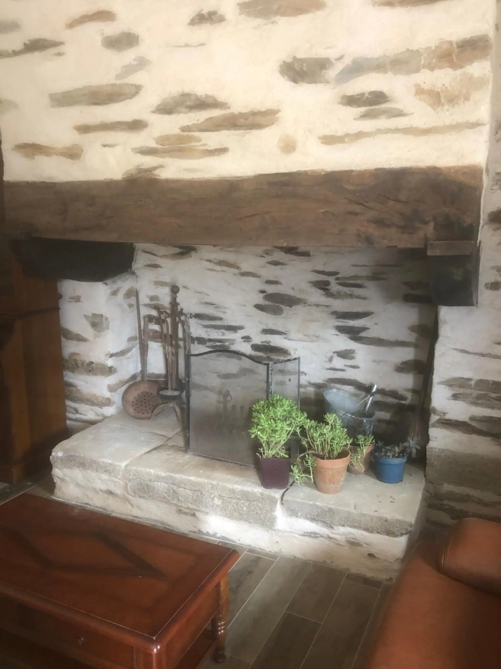 Détail de la cheminée en pierre avec décoration