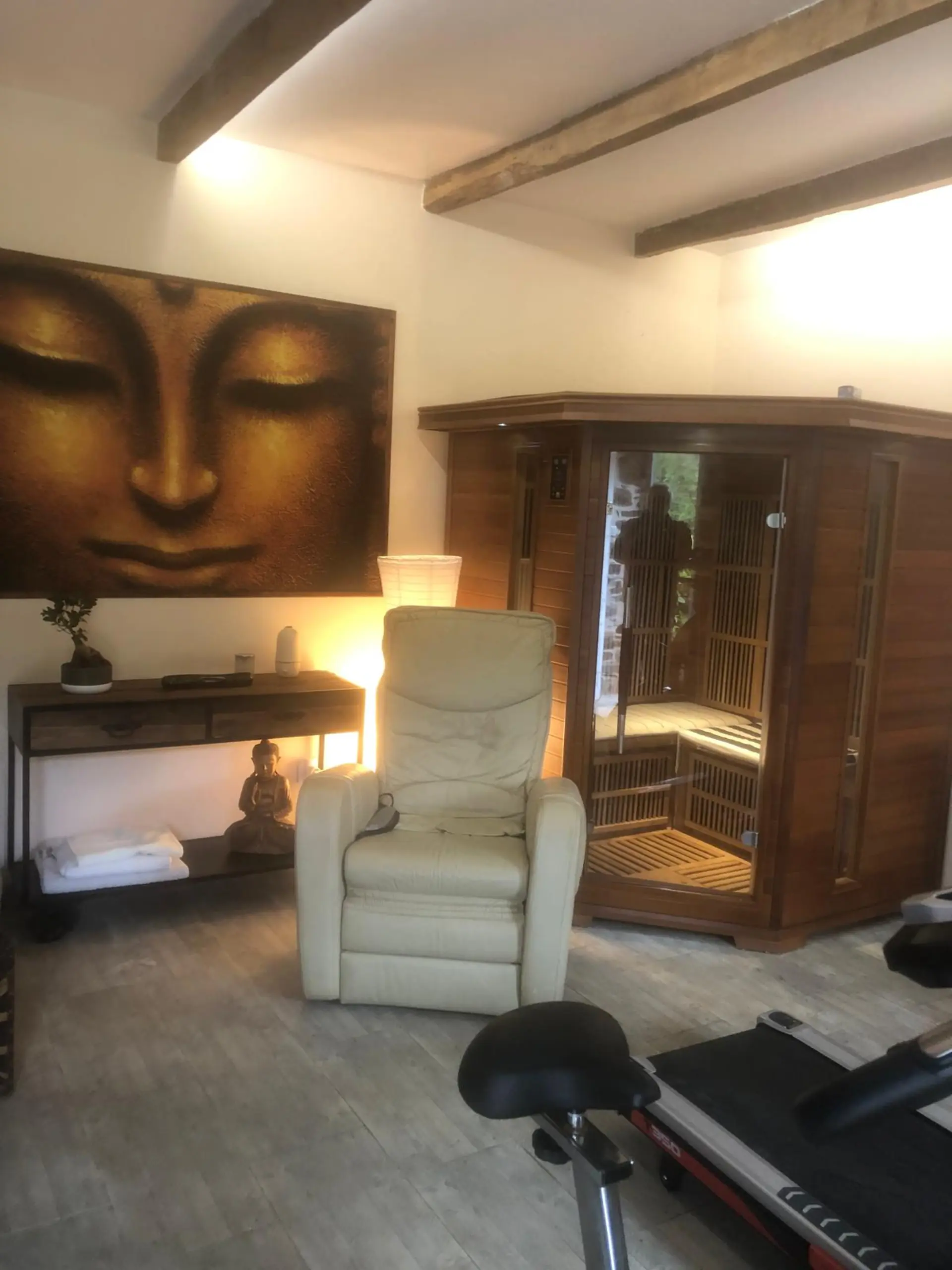 Sauna en bois et fauteuil de detente dans un espace zen